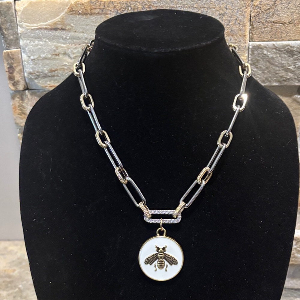 Gold & Silver Bee Pendant Necklace - White Enamel Disc